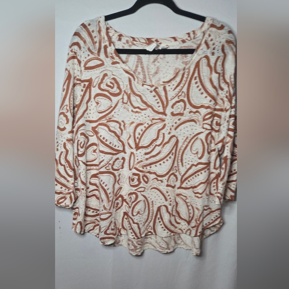 C&C California 100% Linen Women's 2X Cream/Burnt Orange Pattern Vneck Top